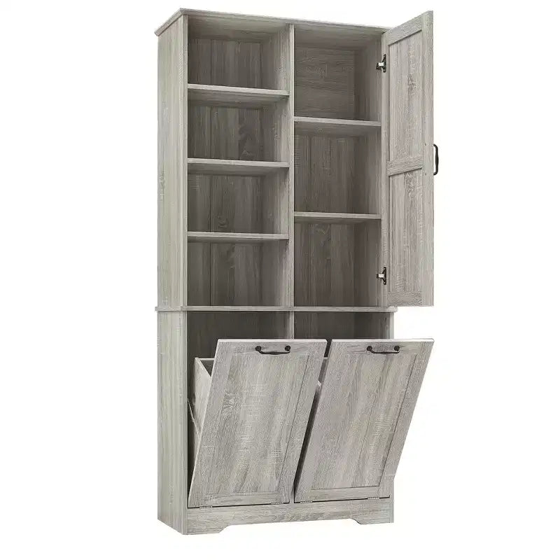 Gabinete de almacenamiento para baño Whisen con cajones, cesto de ropa sucia inclinable y estantes abiertos