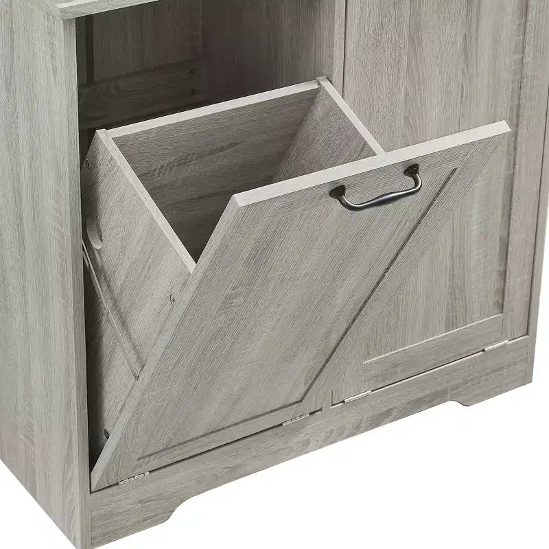 Gabinete de almacenamiento para baño Whisen con cajones, cesto de ropa sucia inclinable y estantes abiertos
