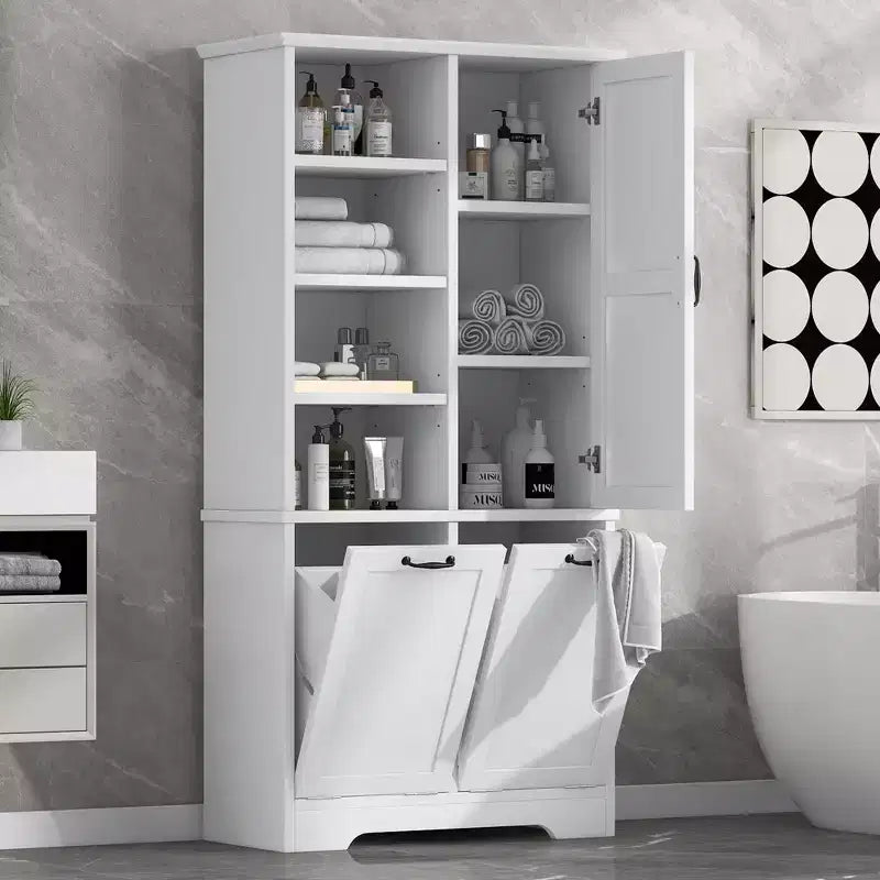 Gabinete de almacenamiento para baño Whisen con cajones, cesto de ropa sucia inclinable y estantes abiertos