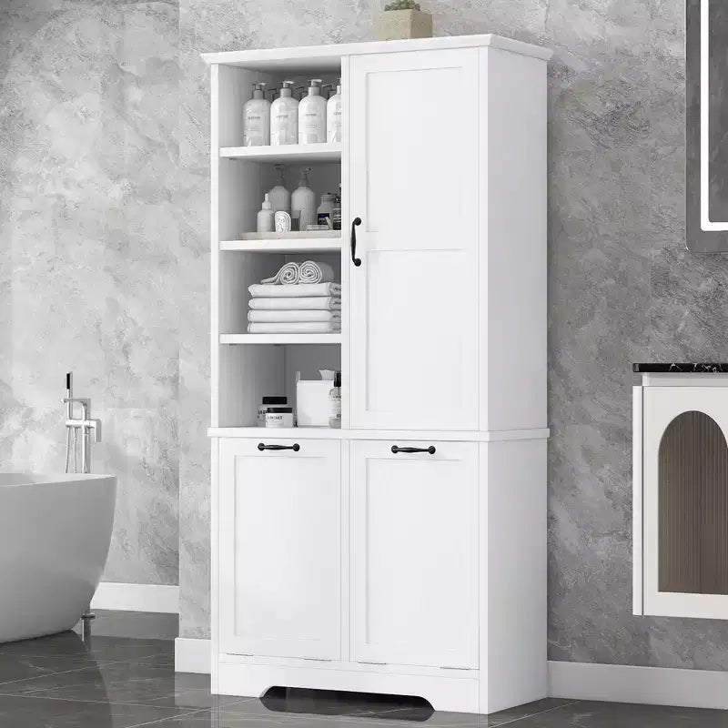 Gabinete de almacenamiento para baño Whisen con cajones, cesto de ropa sucia inclinable y estantes abiertos