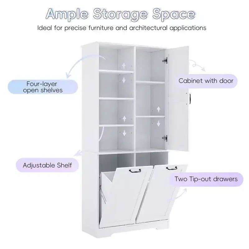 Gabinete de almacenamiento para baño Whisen con cajones, cesto de ropa sucia inclinable y estantes abiertos