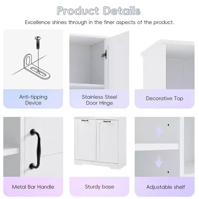 Gabinete de almacenamiento para baño Whisen con cajones, cesto de ropa sucia inclinable y estantes abiertos