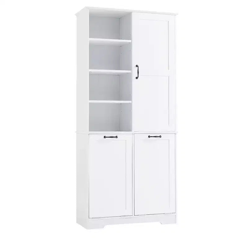 Gabinete de almacenamiento para baño Whisen con cajones, cesto de ropa sucia inclinable y estantes abiertos