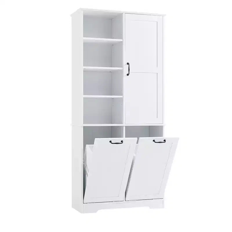 Gabinete de almacenamiento para baño Whisen con cajones, cesto de ropa sucia inclinable y estantes abiertos