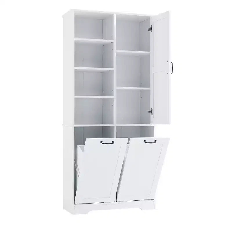 Gabinete de almacenamiento para baño Whisen con cajones, cesto de ropa sucia inclinable y estantes abiertos