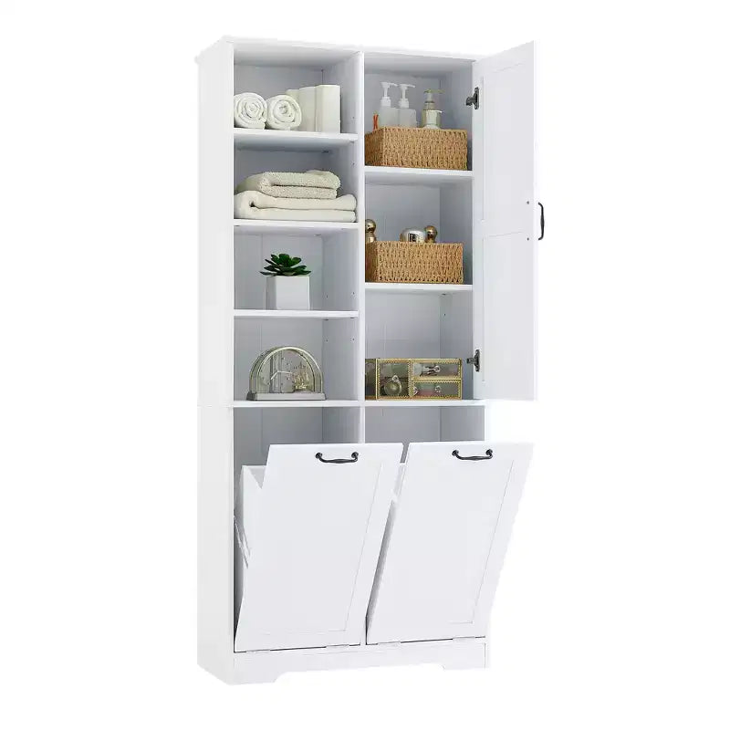 Gabinete de almacenamiento para baño Whisen con cajones, cesto de ropa sucia inclinable y estantes abiertos