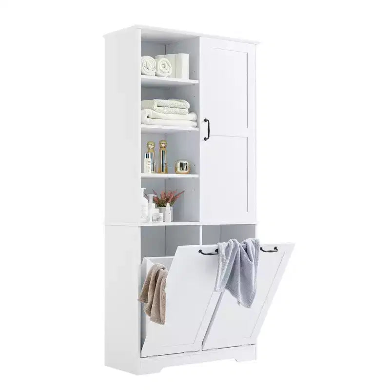 Gabinete de almacenamiento para baño Whisen con cajones, cesto de ropa sucia inclinable y estantes abiertos