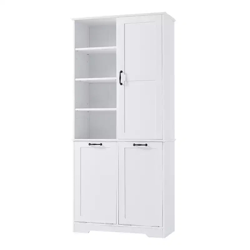 Gabinete de almacenamiento para baño Whisen con cajones, cesto de ropa sucia inclinable y estantes abiertos