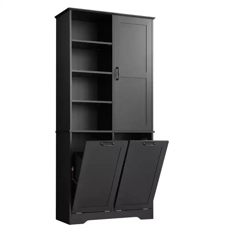 Gabinete de almacenamiento para baño Whisen con cajones, cesto de ropa sucia inclinable y estantes abiertos