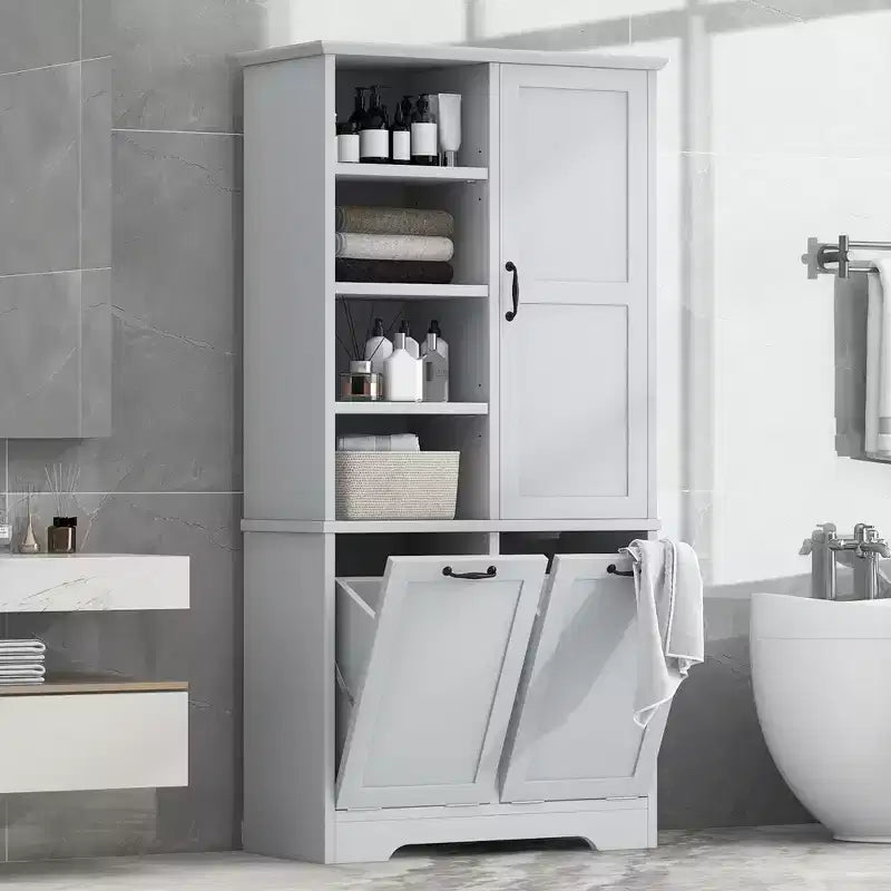 Gabinete de almacenamiento para baño Whisen con cajones, cesto de ropa sucia inclinable y estantes abiertos
