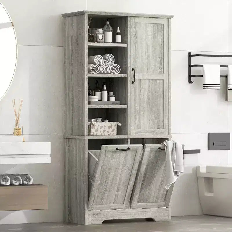 Gabinete de almacenamiento para baño Whisen con cajones, cesto de ropa sucia inclinable y estantes abiertos