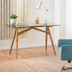 Escritorio GDFStudio Aviary de madera de acacia con tapa de cristal, diseño moderno de mediados de siglo, natural/verde