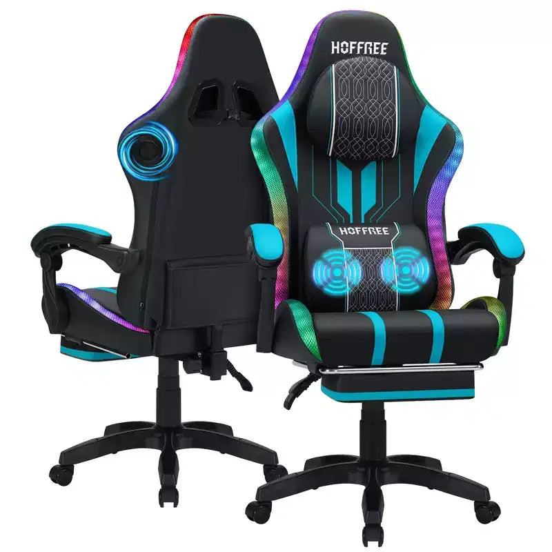 Sillón de masaje Hoffree extra grande para videojuegos, silla ergonómica de oficina para PC con altavoz Bluetooth y luz RGB