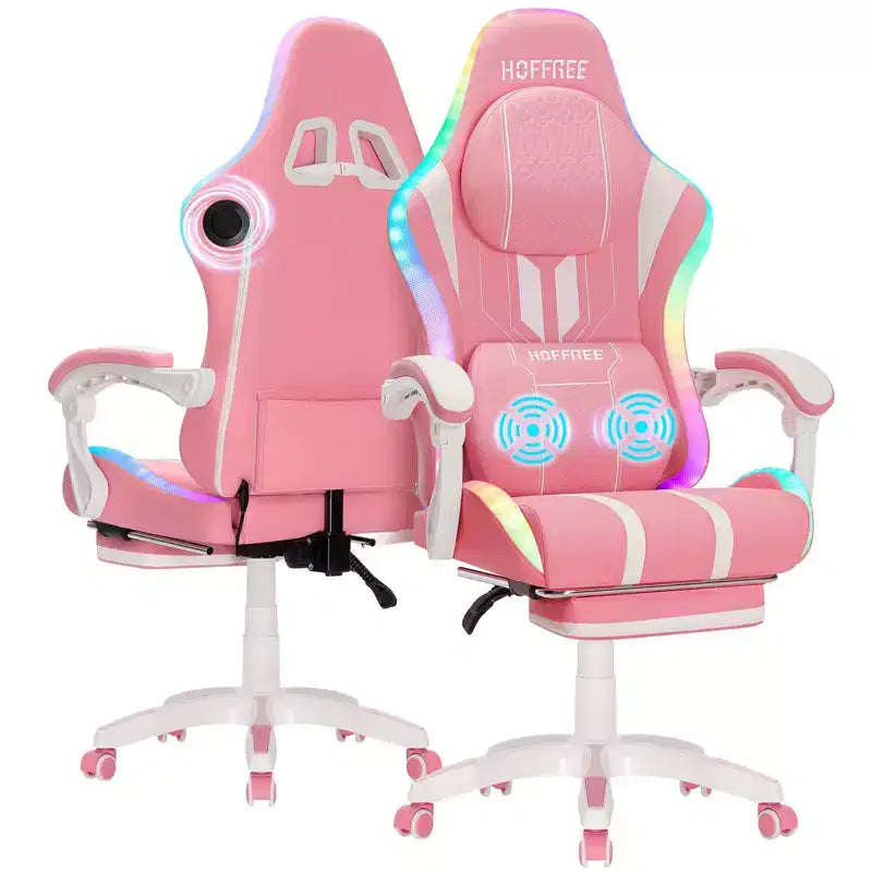 Sillón de masaje Hoffree extra grande para videojuegos, silla ergonómica de oficina para PC con altavoz Bluetooth y luz RGB