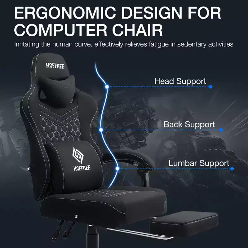 Sillón de juego de masaje Hoffree de tela transpirable, silla ergonómica de oficina para PC con reposapiés y ajustable