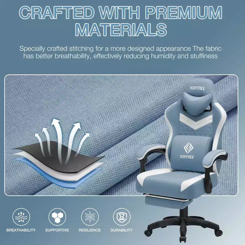 Sillón de juego de masaje Hoffree de tela transpirable, silla ergonómica de oficina para PC con reposapiés y ajustable