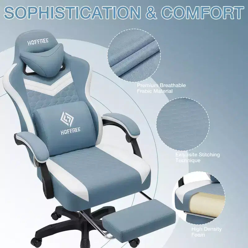 Sillón de juego de masaje Hoffree de tela transpirable, silla ergonómica de oficina para PC con reposapiés y ajustable