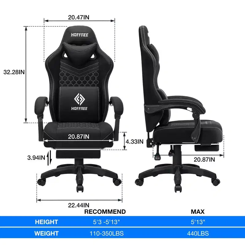 Sillón de juego de masaje Hoffree de tela transpirable, silla ergonómica de oficina para PC con reposapiés y ajustable