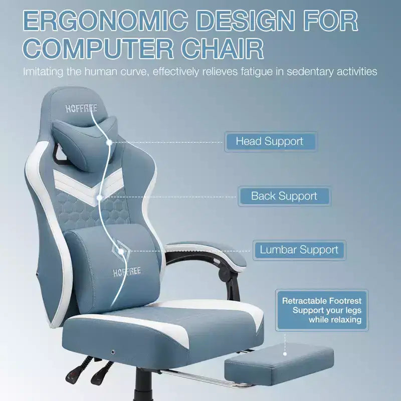 Sillón de juego de masaje Hoffree de tela transpirable, silla ergonómica de oficina para PC con reposapiés y ajustable