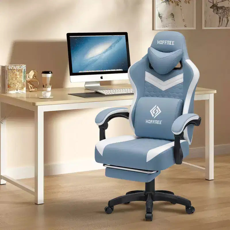 Sillón de juego de masaje Hoffree de tela transpirable, silla ergonómica de oficina para PC con reposapiés y ajustable