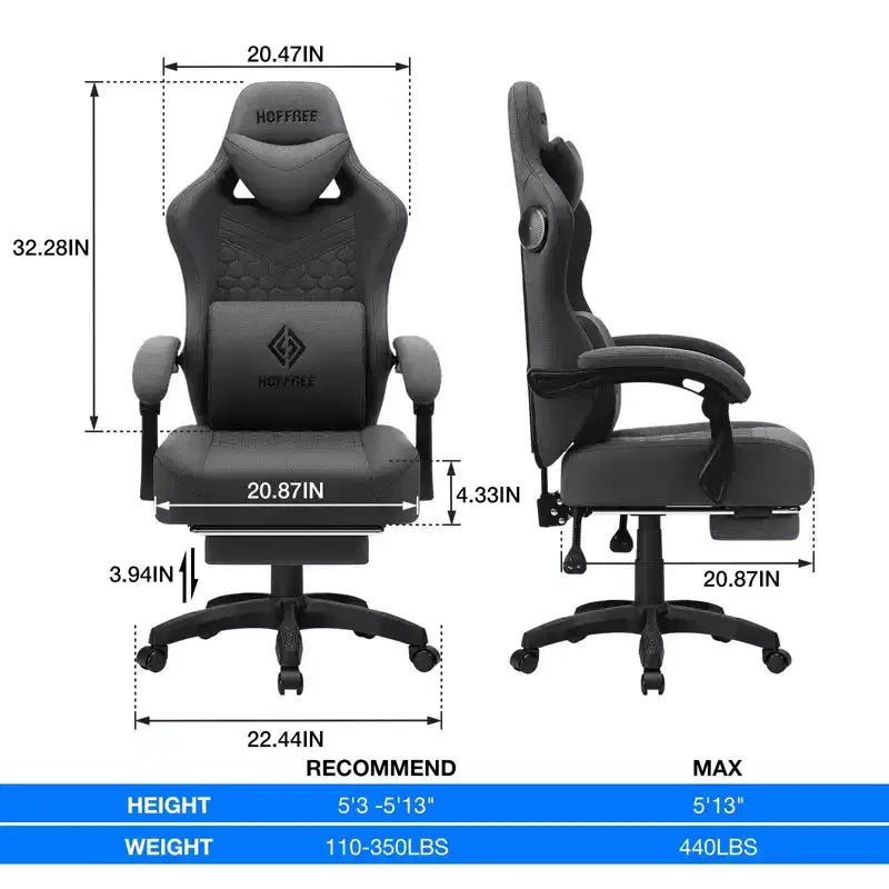 Sillón de juego de masaje Hoffree de tela transpirable, silla ergonómica de oficina para PC con reposapiés y ajustable