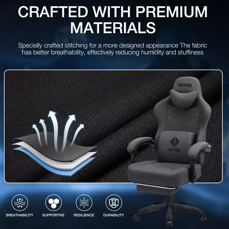 Sillón de juego de masaje Hoffree de tela transpirable, silla ergonómica de oficina para PC con reposapiés y ajustable