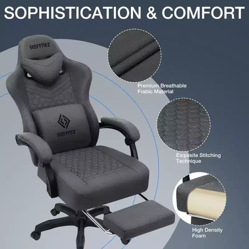 Sillón de juego de masaje Hoffree de tela transpirable, silla ergonómica de oficina para PC con reposapiés y ajustable