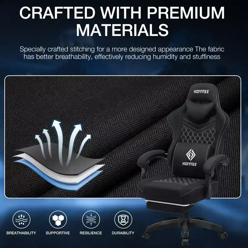 Sillón de juego de masaje Hoffree de tela transpirable, silla ergonómica de oficina para PC con reposapiés y ajustable