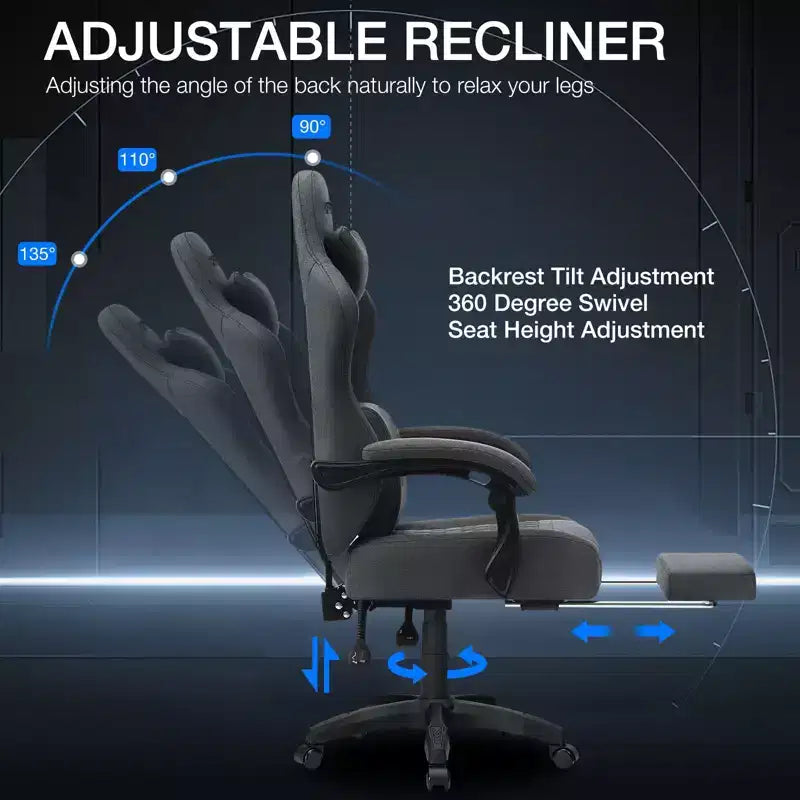 Sillón de juego de masaje Hoffree de tela transpirable, silla ergonómica de oficina para PC con reposapiés y ajustable