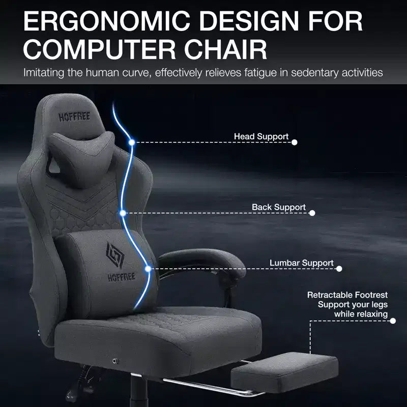 Sillón de juego de masaje Hoffree de tela transpirable, silla ergonómica de oficina para PC con reposapiés y ajustable