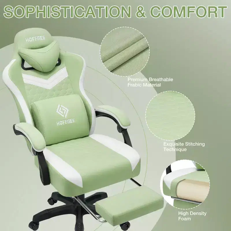 Sillón de juego de masaje Hoffree de tela transpirable, silla ergonómica de oficina para PC con reposapiés y ajustable