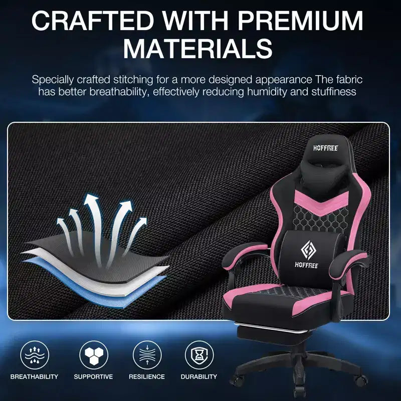 Sillón de juego de masaje Hoffree de tela transpirable, silla ergonómica de oficina para PC con reposapiés y ajustable