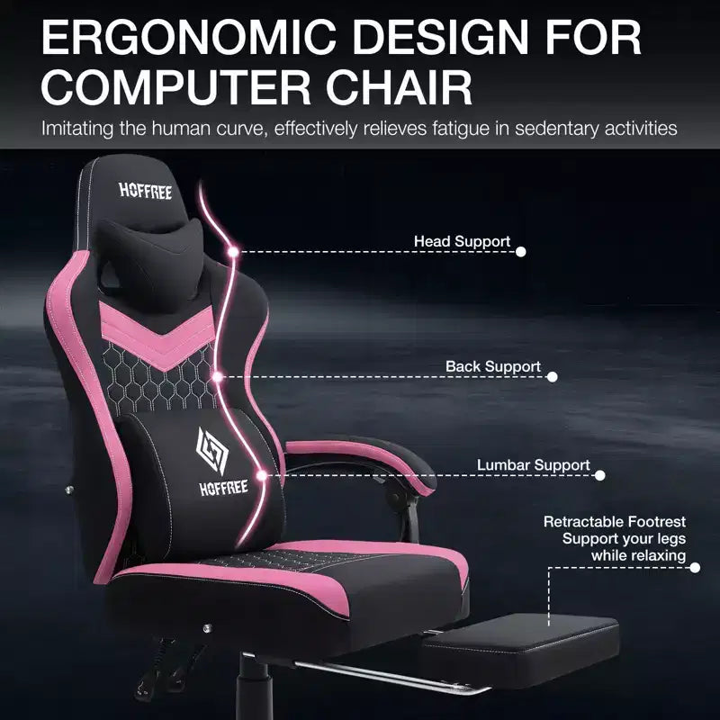 Sillón de juego de masaje Hoffree de tela transpirable, silla ergonómica de oficina para PC con reposapiés y ajustable