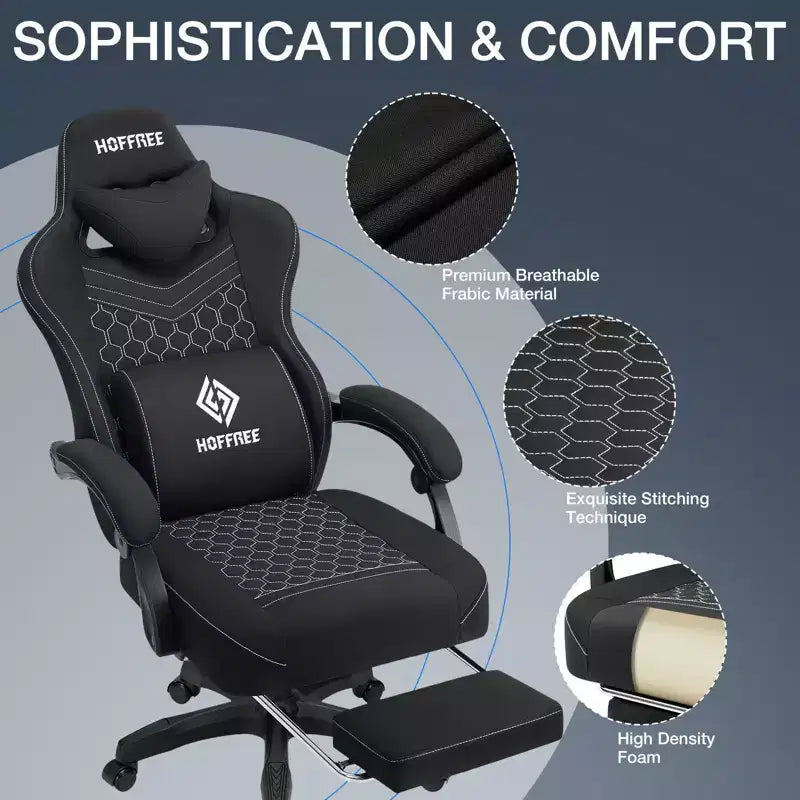 Sillón de juego de masaje Hoffree de tela transpirable, silla ergonómica de oficina para PC con reposapiés y ajustable