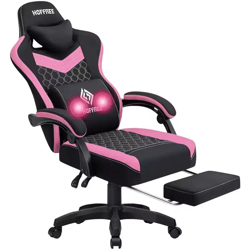 Sillón de juego de masaje Hoffree de tela transpirable, silla ergonómica de oficina para PC con reposapiés y ajustable
