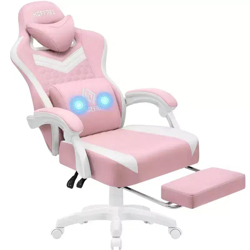 Sillón de juego de masaje Hoffree de tela transpirable, silla ergonómica de oficina para PC con reposapiés y ajustable