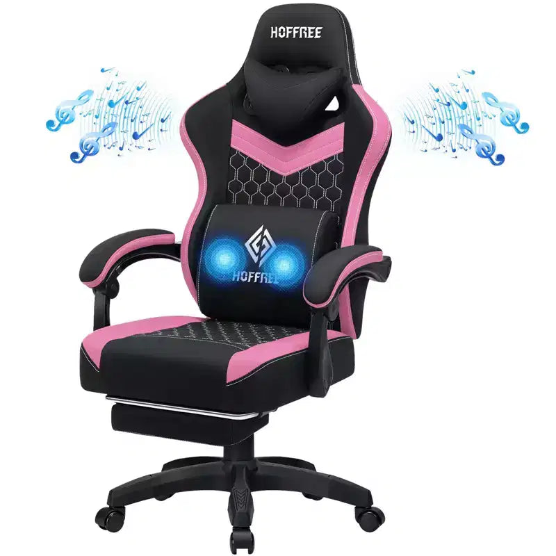 Silla Gaming de Masaje Ergonómica de Oficina para PC Hoffree con Tejido Transpirable, Altavoz Bluetooth y Reposapiés