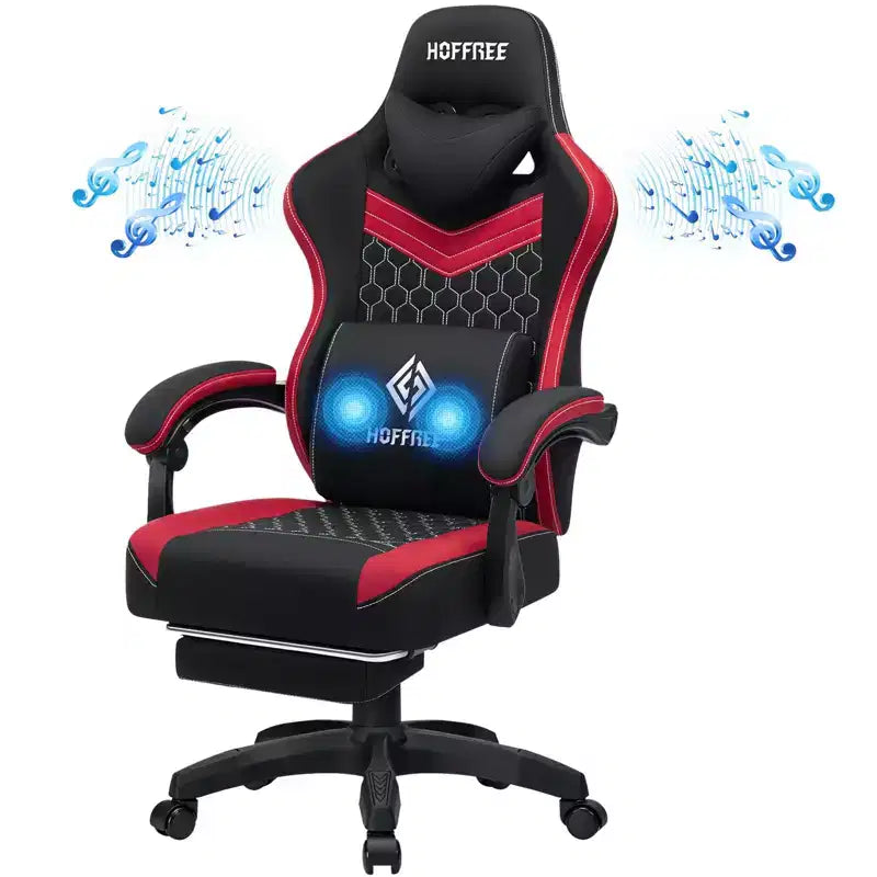 Silla Gaming de Masaje Ergonómica de Oficina para PC Hoffree con Tejido Transpirable, Altavoz Bluetooth y Reposapiés