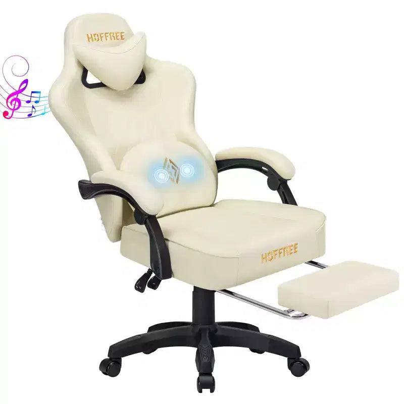 Sillón de masaje Hoffree de piel para juegos, silla ergonómica de oficina para PC con altavoz Bluetooth y reposapiés
