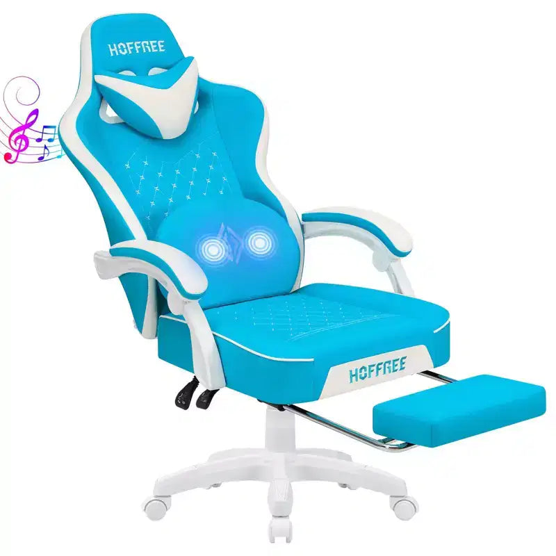 Sillón de masaje Hoffree de piel para juegos, silla ergonómica de oficina para PC con altavoz Bluetooth y reposapiés