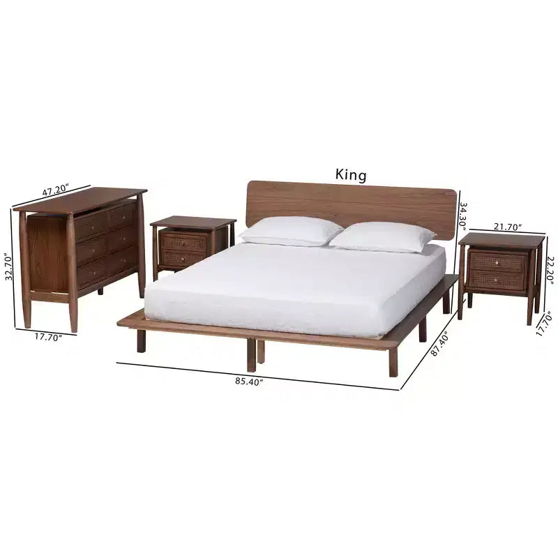 Juego de dormitorio de 4 piezas Alyssa Japandi de madera de nogal marrón de Baxton Studio