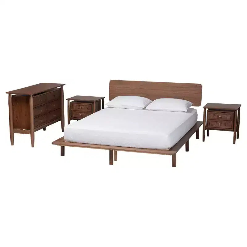 Juego de dormitorio de 4 piezas Alyssa Japandi de madera de nogal marrón de Baxton Studio