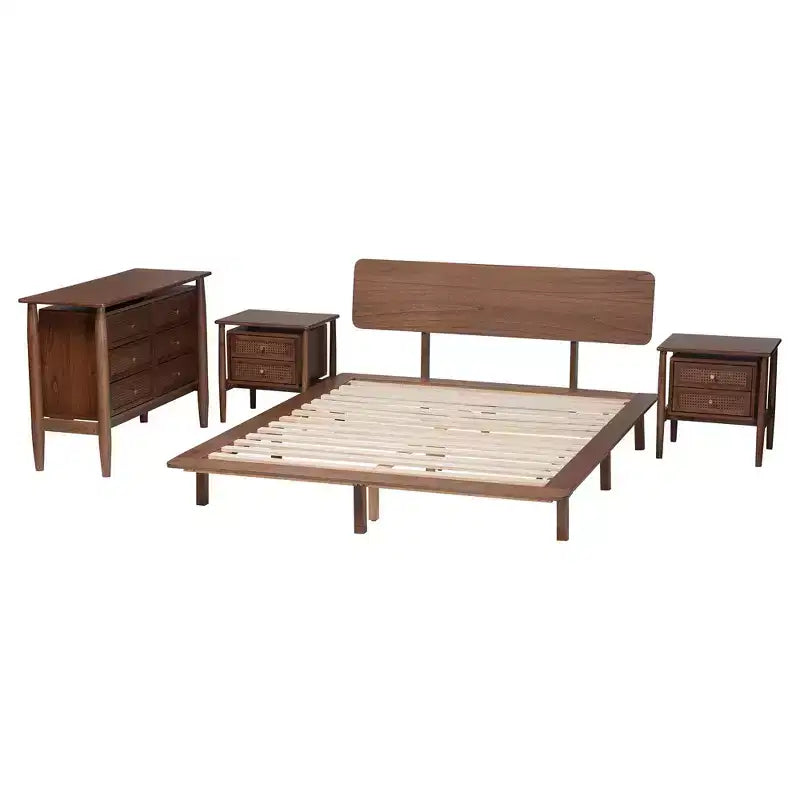 Juego de dormitorio de 4 piezas Alyssa Japandi de madera de nogal marrón de Baxton Studio