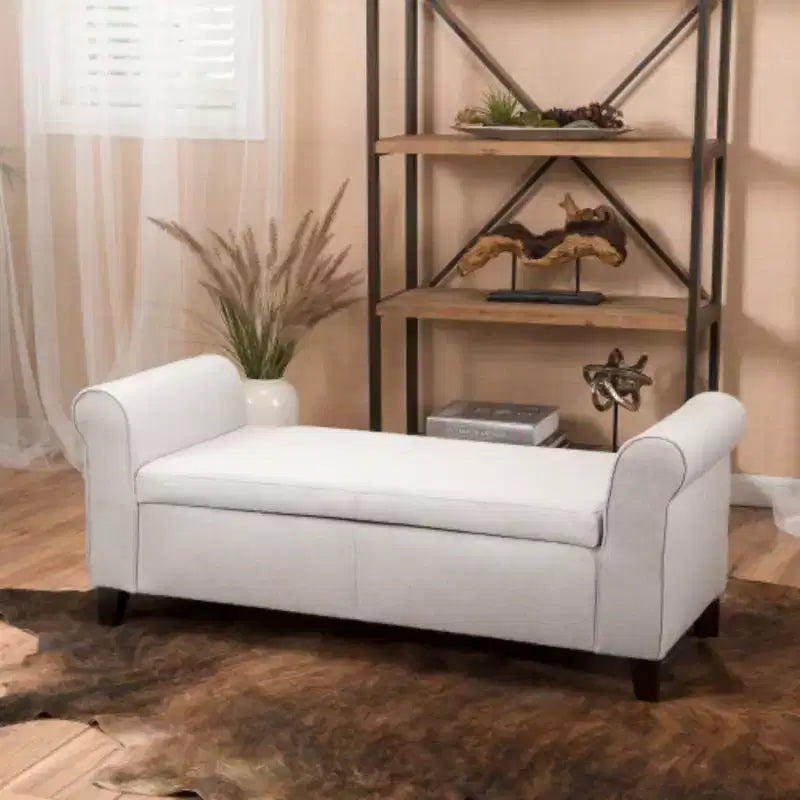 Banco de almacenamiento tapizado blanco con brazos enrollados: Dimensiones 50.00 x 20.50 x 19.50 pulgadas