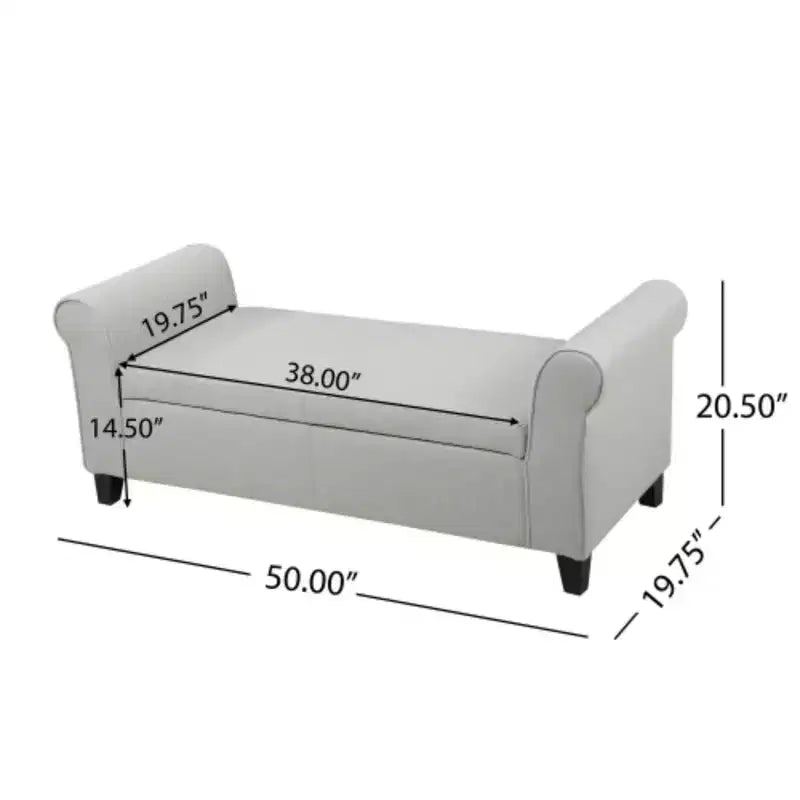Banco de almacenamiento tapizado blanco con brazos enrollados: Dimensiones 50.00 x 20.50 x 19.50 pulgadas