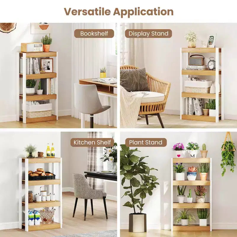 Costway 1/2 Uds. Estantería de 4 Niveles Librería de Madera con Kits Antivuelco Dobles Estantería Abierta Natural/Marrón