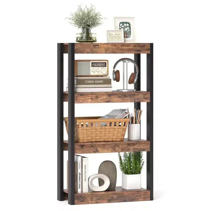 Costway 1/2 Uds. Estantería de 4 Niveles Librería de Madera con Kits Antivuelco Dobles Estantería Abierta Natural/Marrón