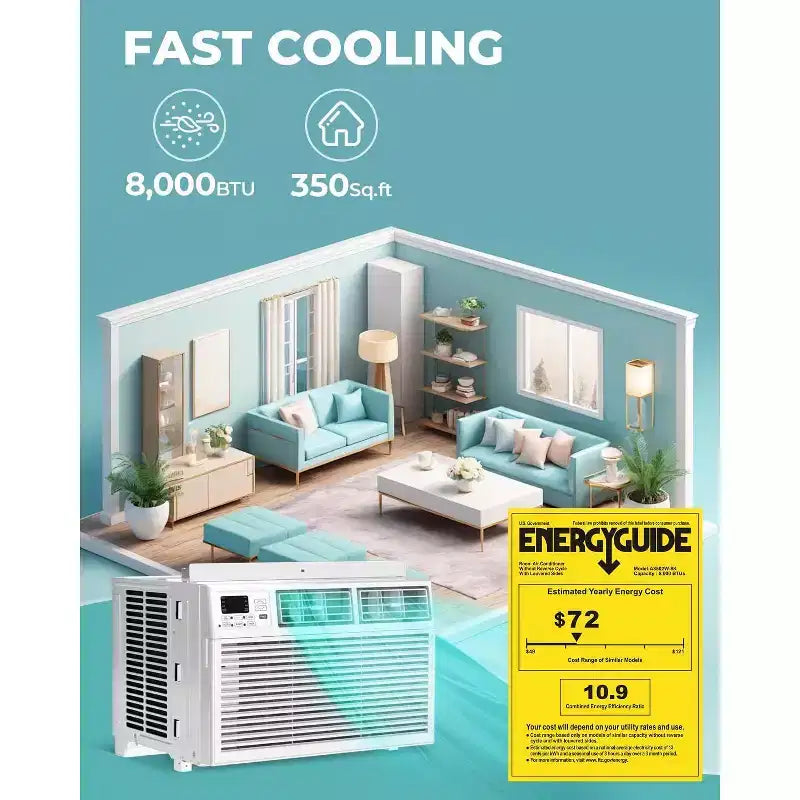 8,000 BTU Window Air Conditioner with Remote Control, Smart Window AC Unit with Dehumidifier, Fan, Energy Saving, for Home/Living Room
