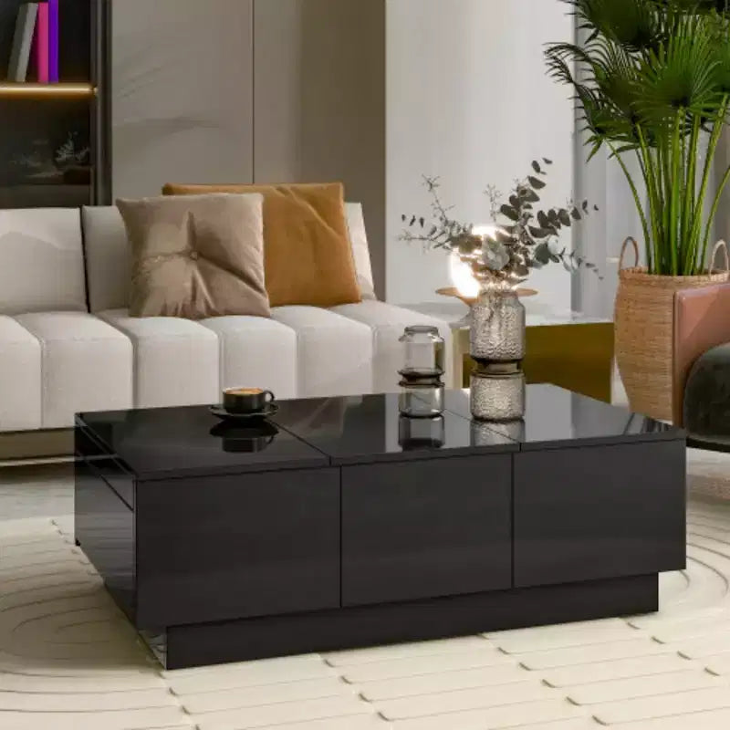 Mesa de centro de alto brillo con tapa deslizante para sala de estar, 39.3x21.6, Negra