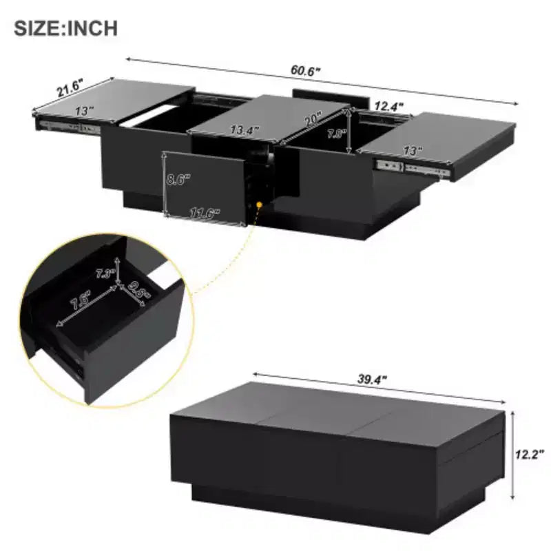 Mesa de centro de alto brillo con tapa deslizante para sala de estar, 39.3x21.6, Negra
